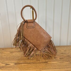 Fringed Cognac Vegan Leather Clutch